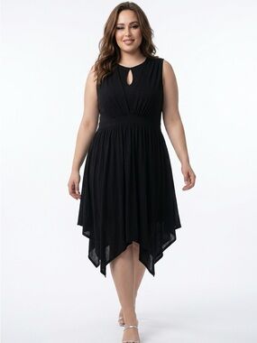 Sleeveless Black Handkerchief Jumpsuit with a Deep V neckline.